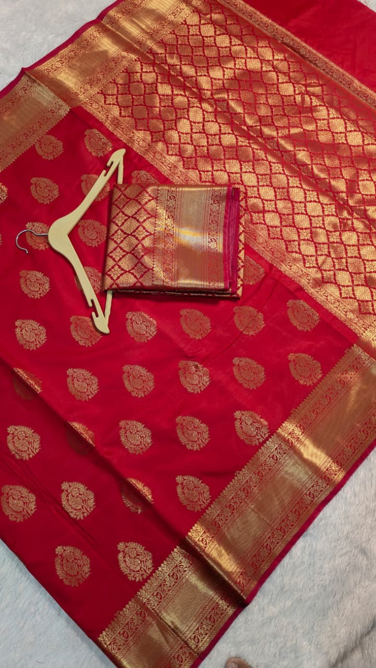 Red color with golden zari work banarasi silk saree