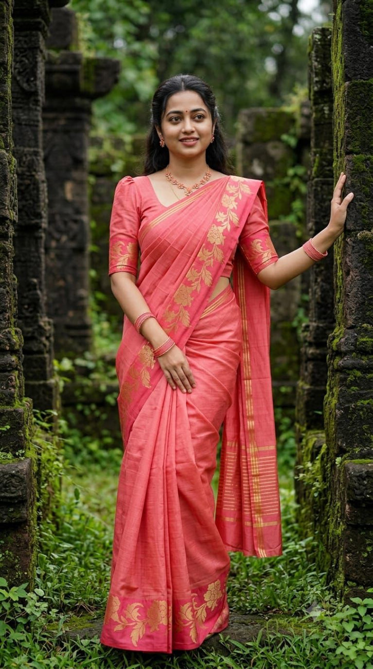 Peach pink with golden floral design tussar silk saree