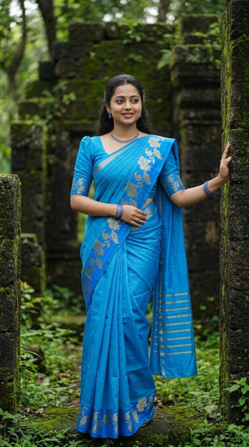 Royal blue color with floral woven tussar silk saree