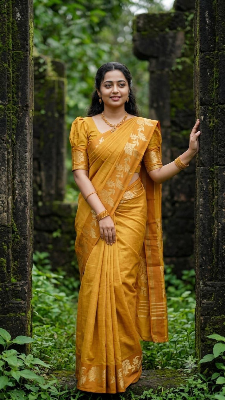 Mustard yellow with golden color floral design tussar silk saree