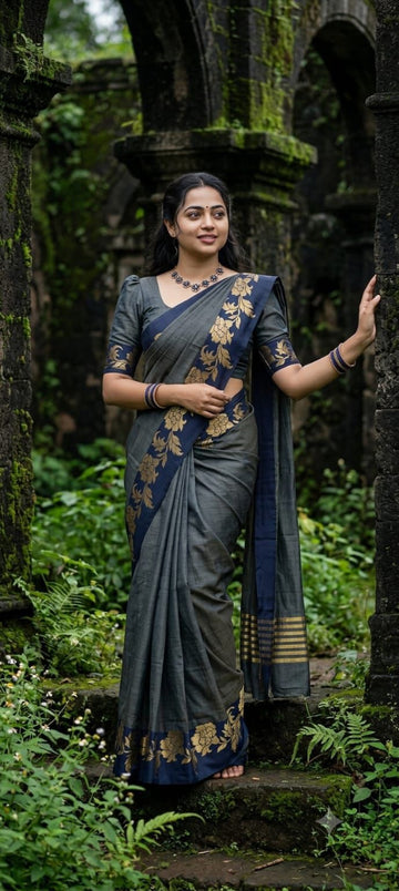Navy blue color with golden color floral woven tussar silk saree