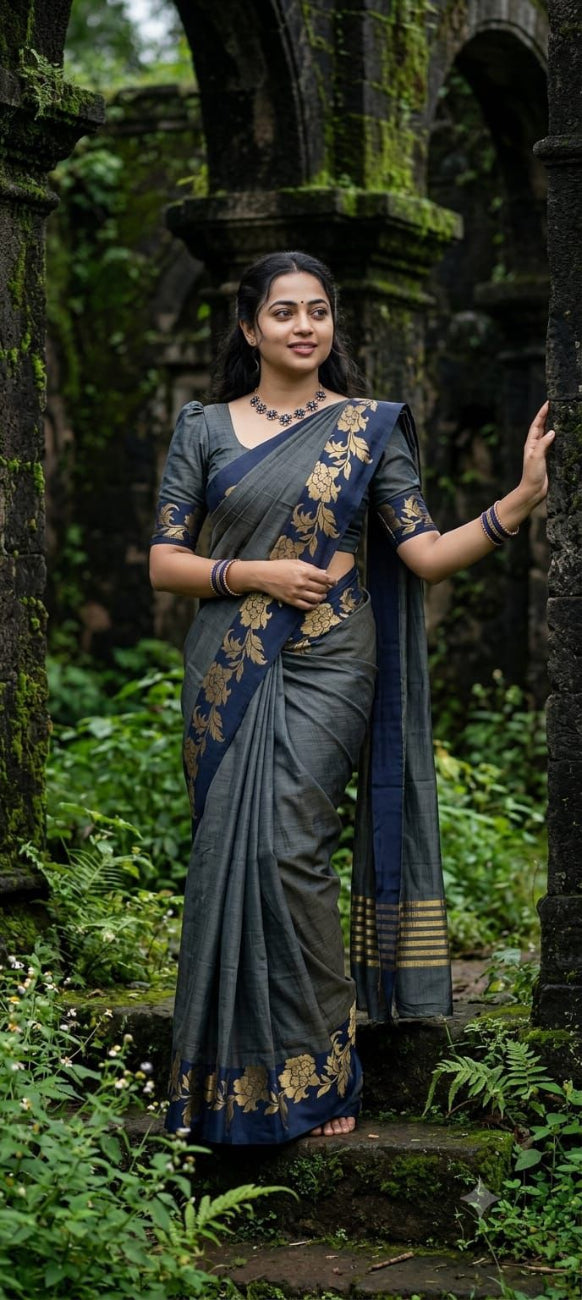 Navy blue color with golden color floral woven tussar silk saree