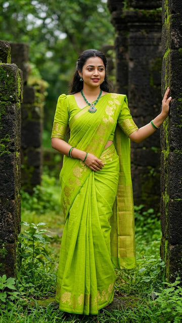 Parrot green with golden color  floral woven tussar silk saree