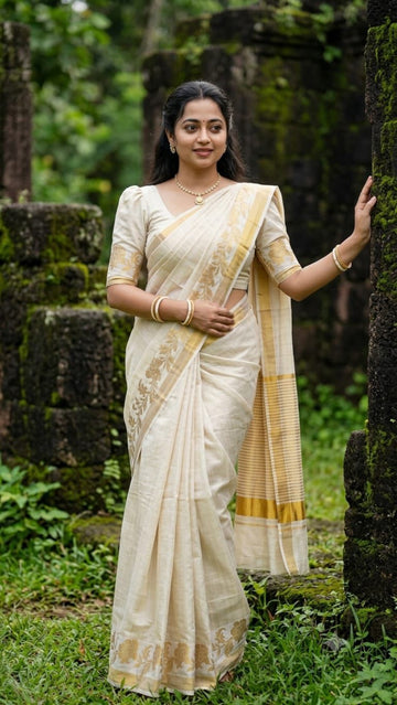Off-white with golden floral design tussar silk saree