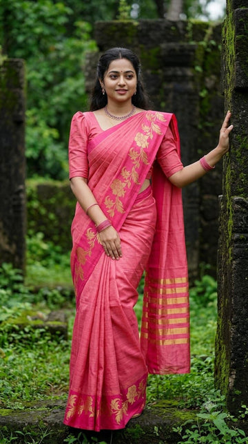 Rose pink with golden floral design tussar silk saree