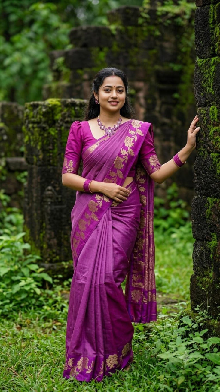 Purple color with golden color floral design tussar silk saree