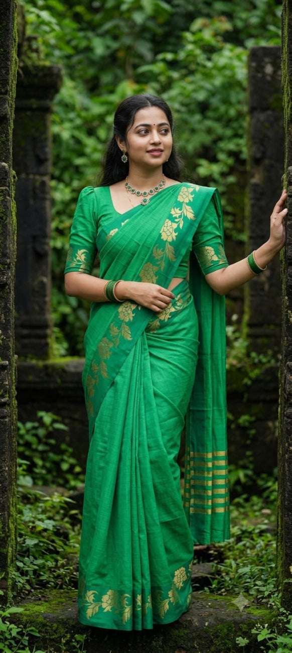 Green color with golden color floral woven tussar silk saree