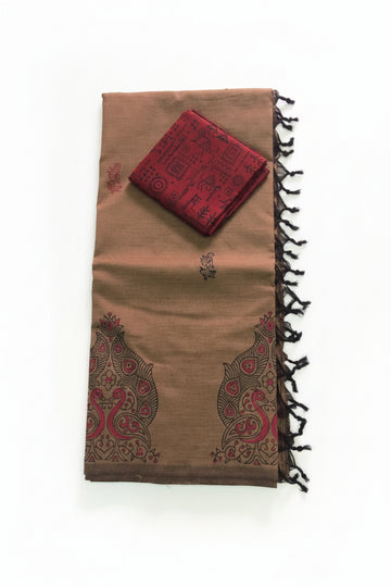 Brown with Maroon south cotton saree