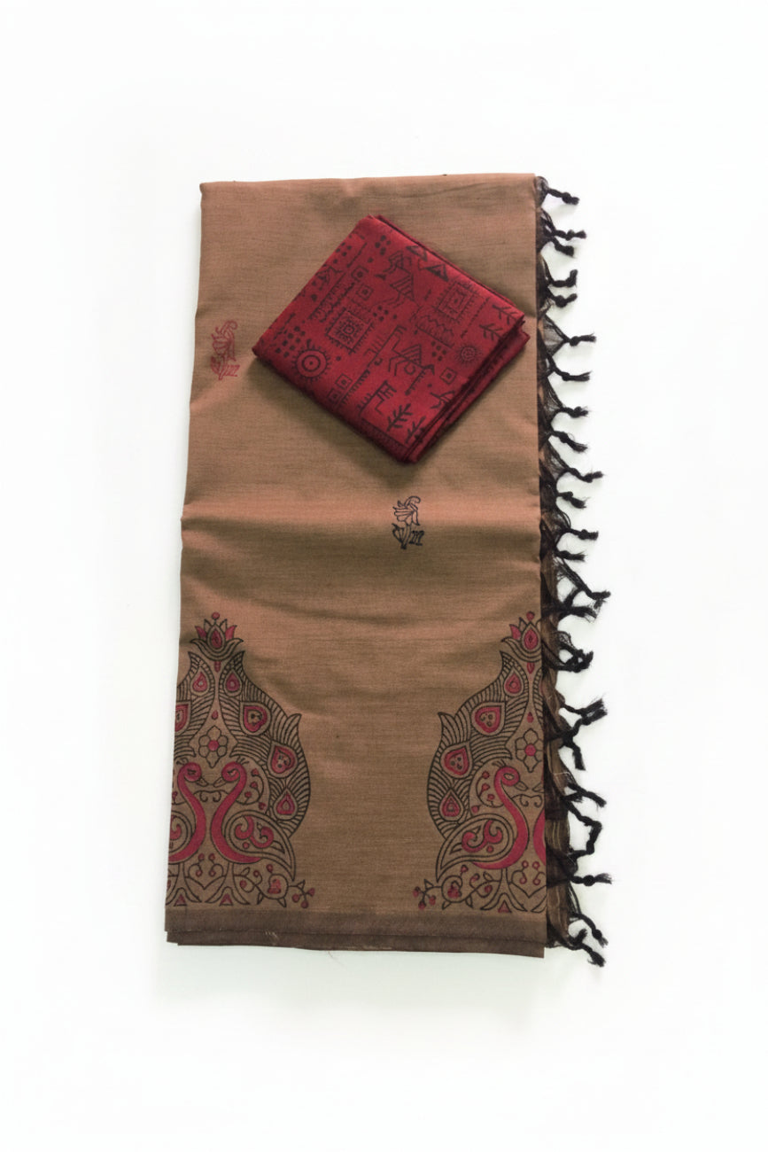 Brown with Maroon south cotton saree
