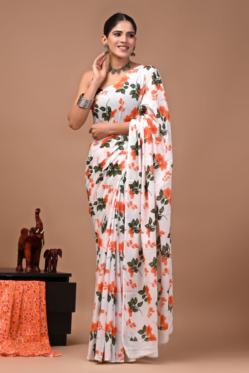 Off White with Orange and Leaf Green Mulmul Cotton Saree