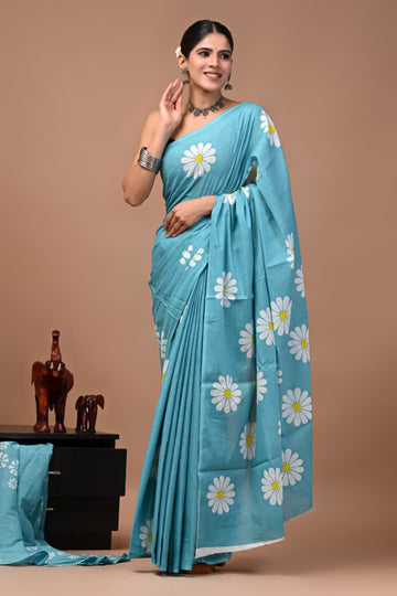 Sky Blue white flowers Mulmul cotton saree