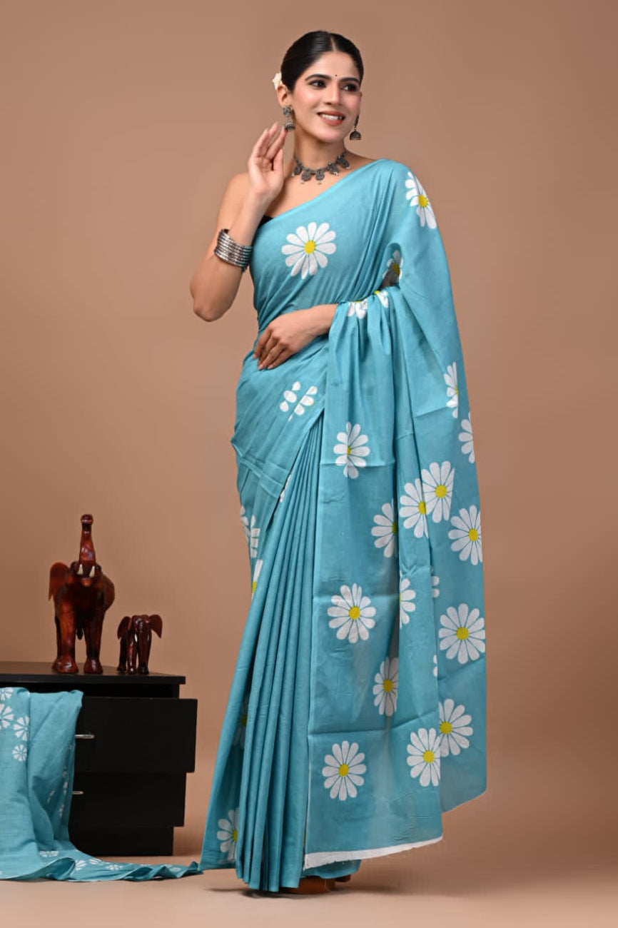 Sky Blue white flowers Mulmul cotton saree