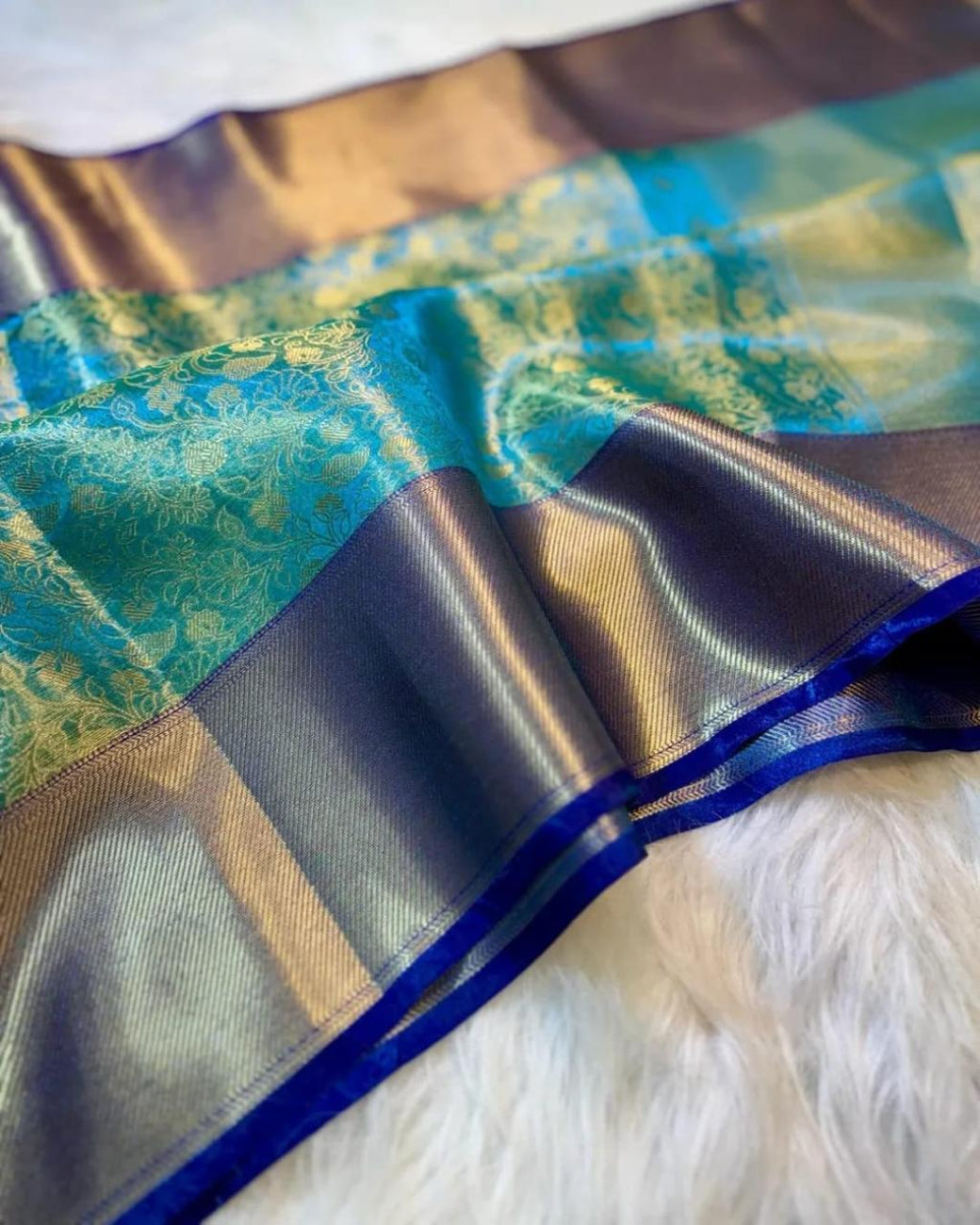 Teal green with Royal blue color Banarasi semi Katan soft Tissue silk saree