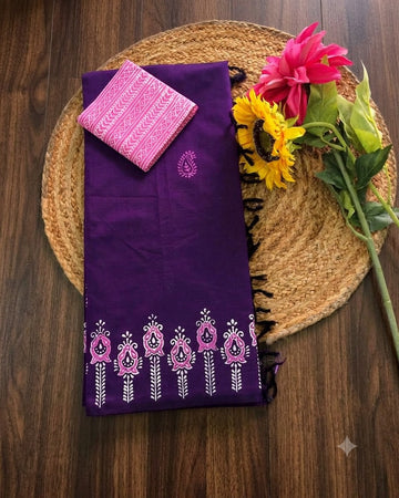 Deep purple with pink floral print south cotton saree