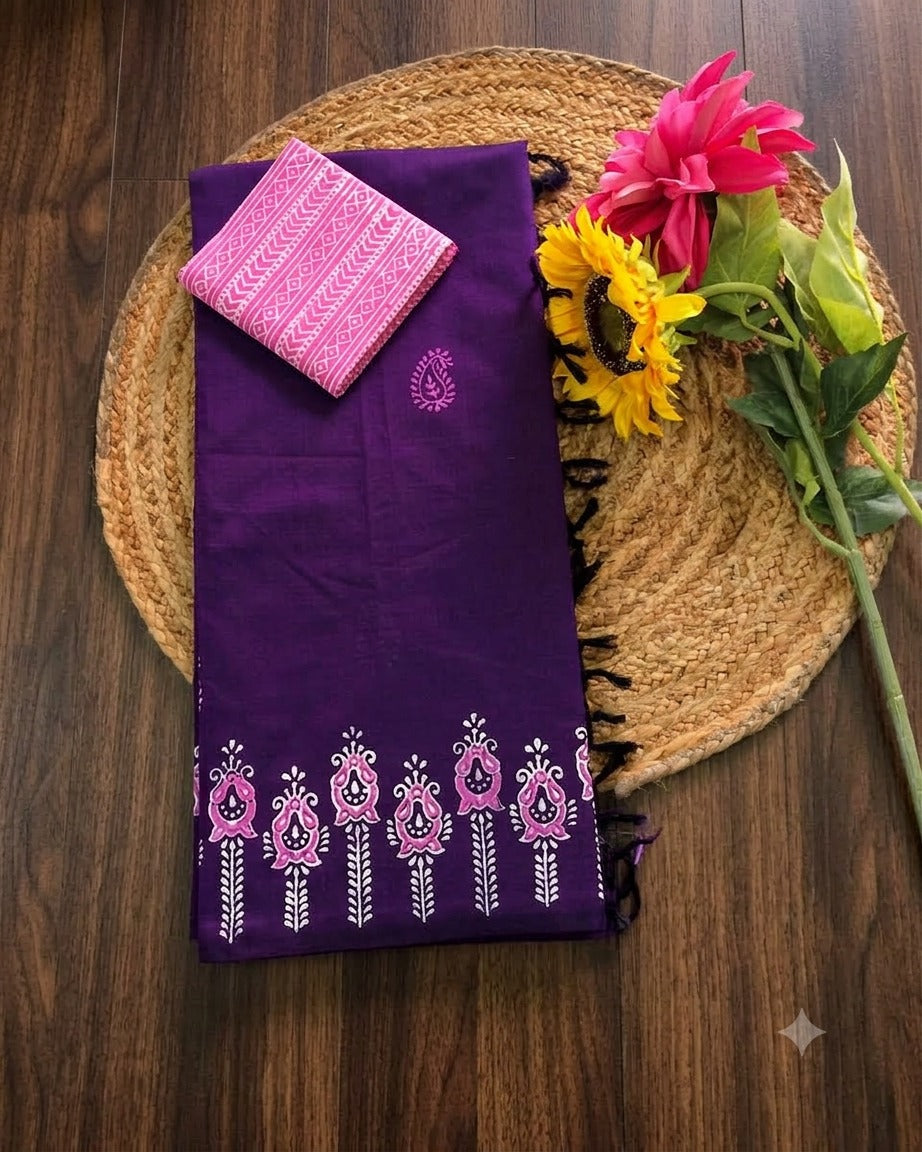 Deep purple with pink floral print south cotton saree