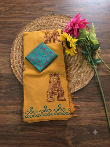 Mustard yellow with peacock blue color and temple gopuram design south cotton saree