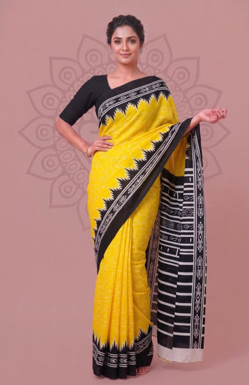 Yellow With Black Mulmul Cotton Saree