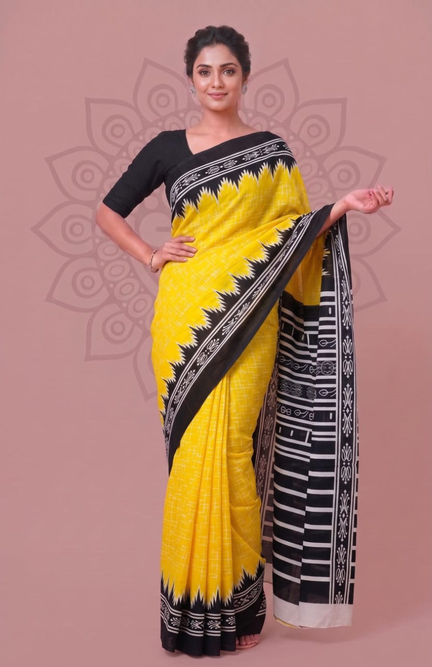 Yellow With Black Mulmul Cotton Saree
