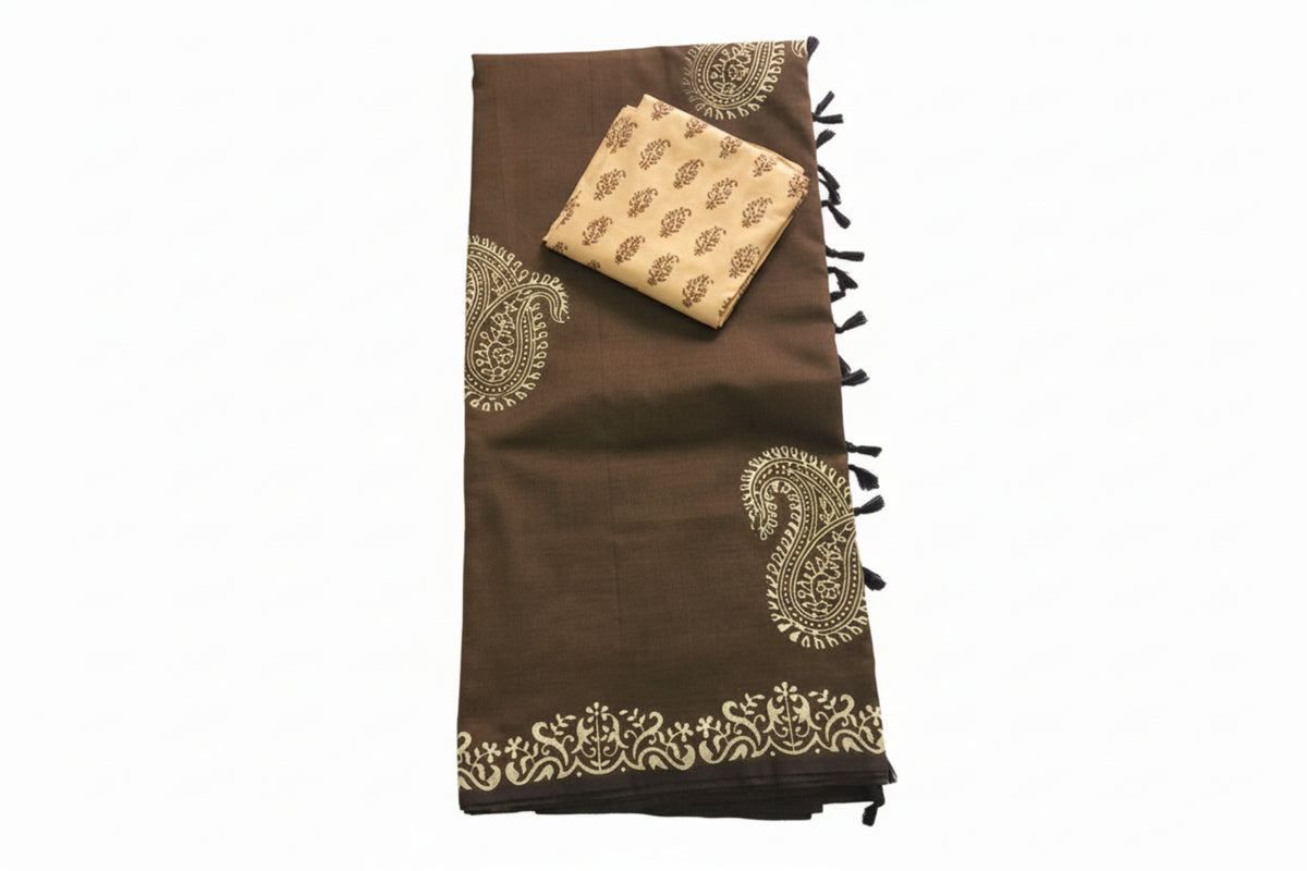 Dark Brown With Beige Color South Cotton Saree