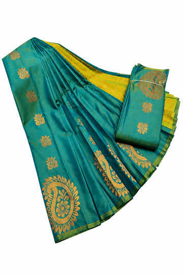 Teal Green with Gold Woven Border Silk saree