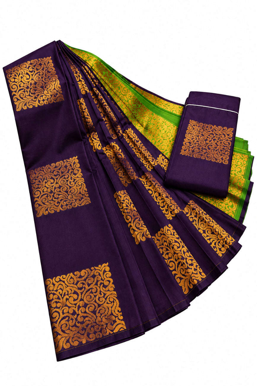 Deep Purple and Green with Golden zari soft silk saree