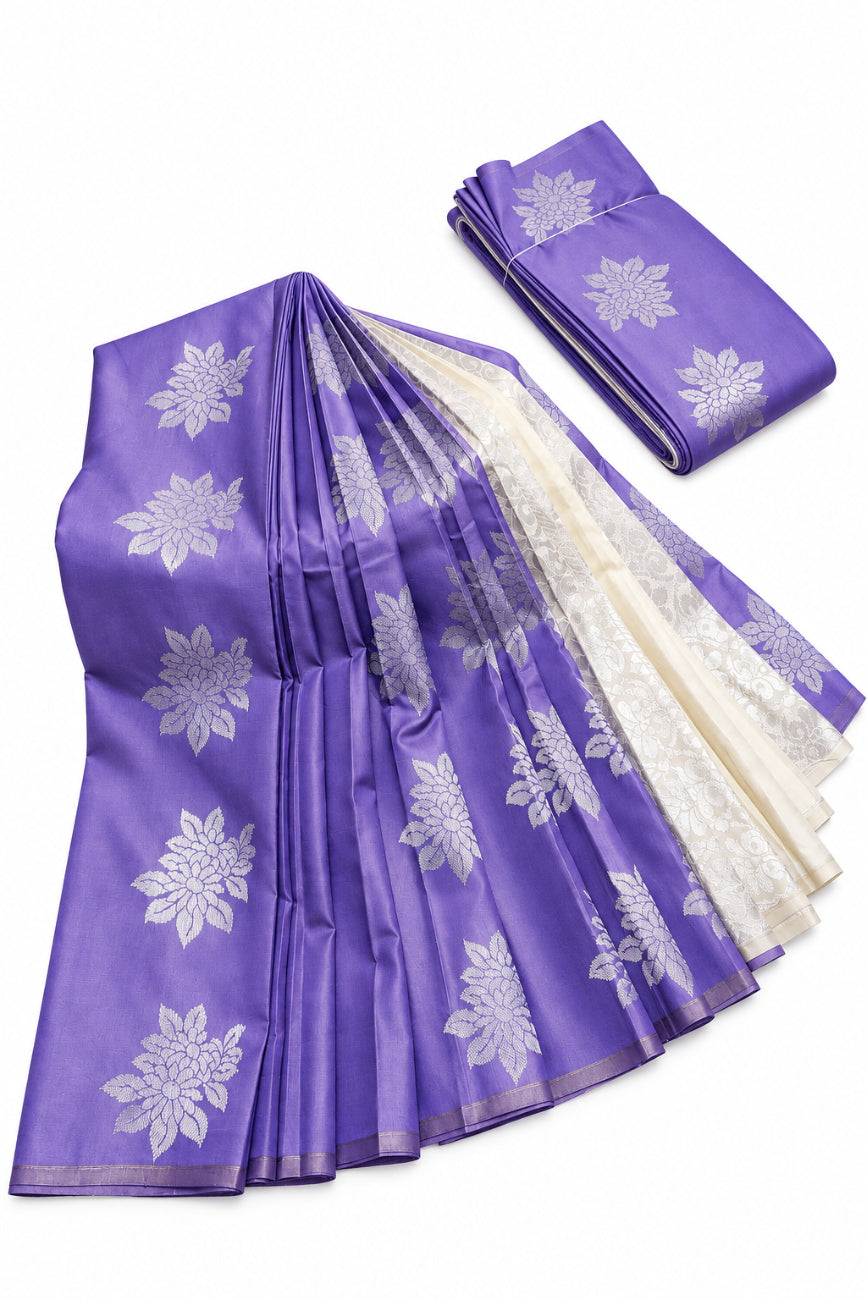 Lavender color with silver zari work soft silk saee