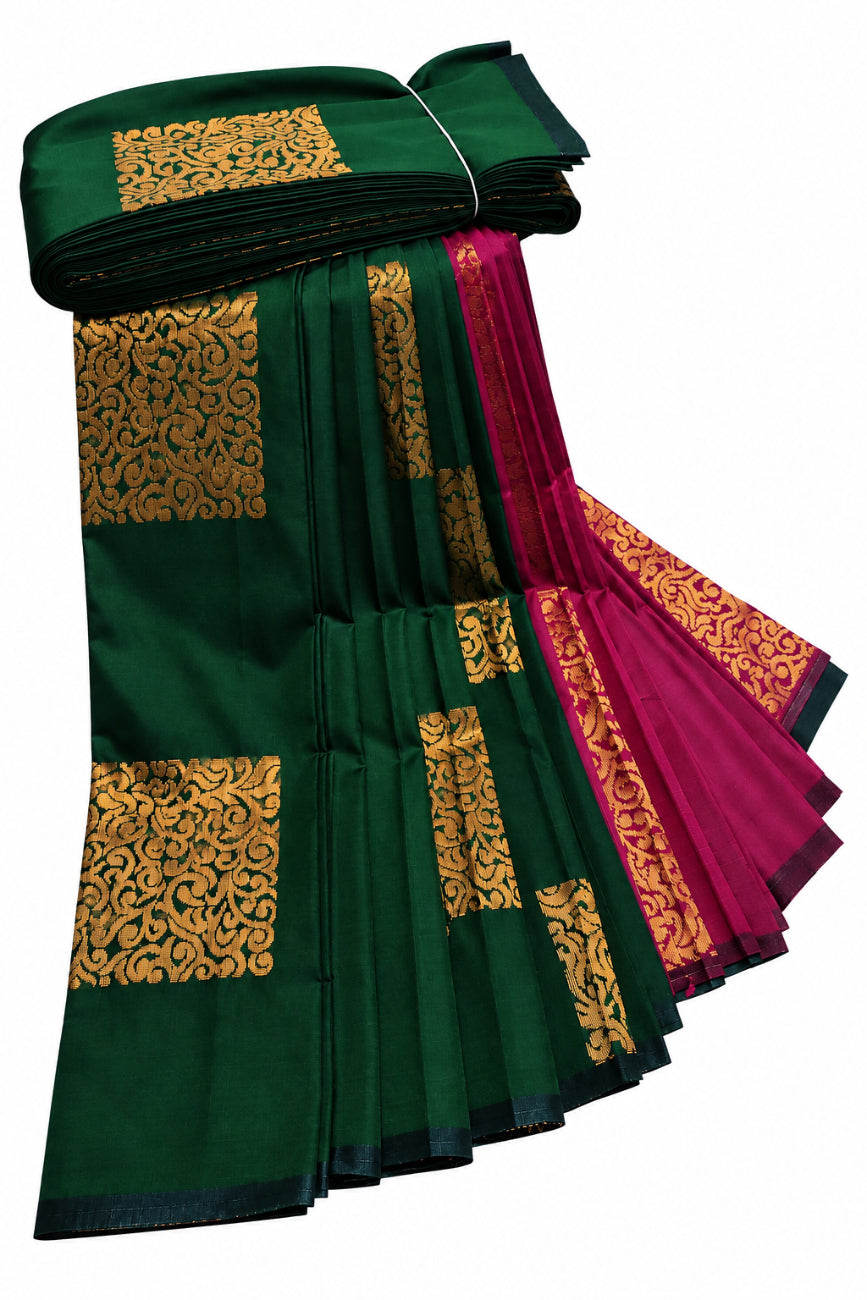 Deep Bottle Green and Magenta  with Gold zari soft silk saree