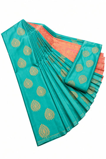 Blue and Peach Pink with Gold zari soft silk saree
