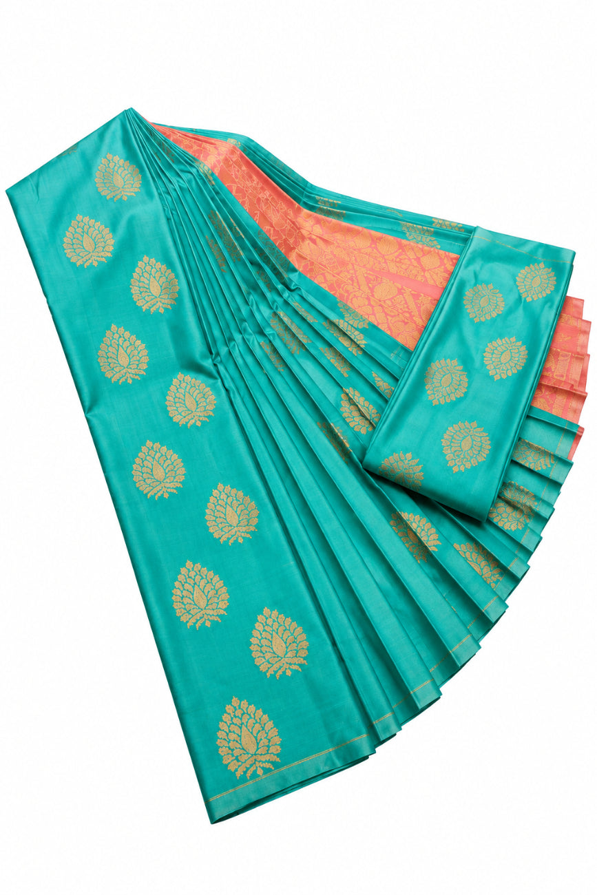 Blue and Peach Pink with Gold zari soft silk saree