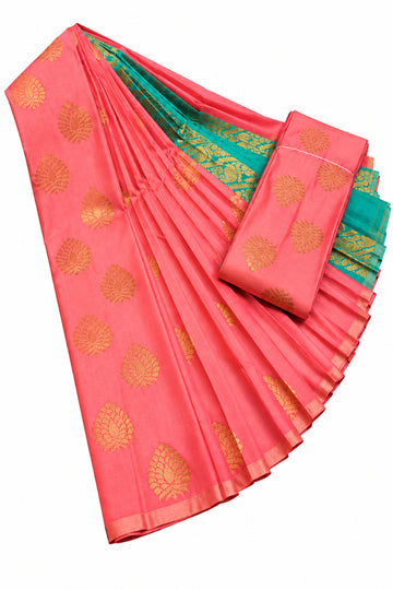 Coral Pink and Teal Blue with Gold  Zari Soft Silk saree