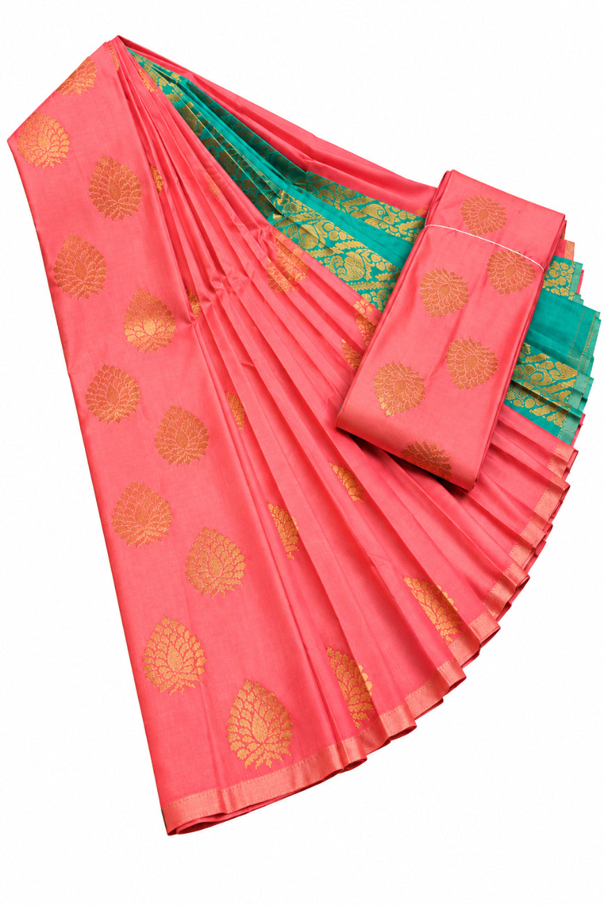 Coral Pink and Teal Blue with Gold  Zari Soft Silk saree
