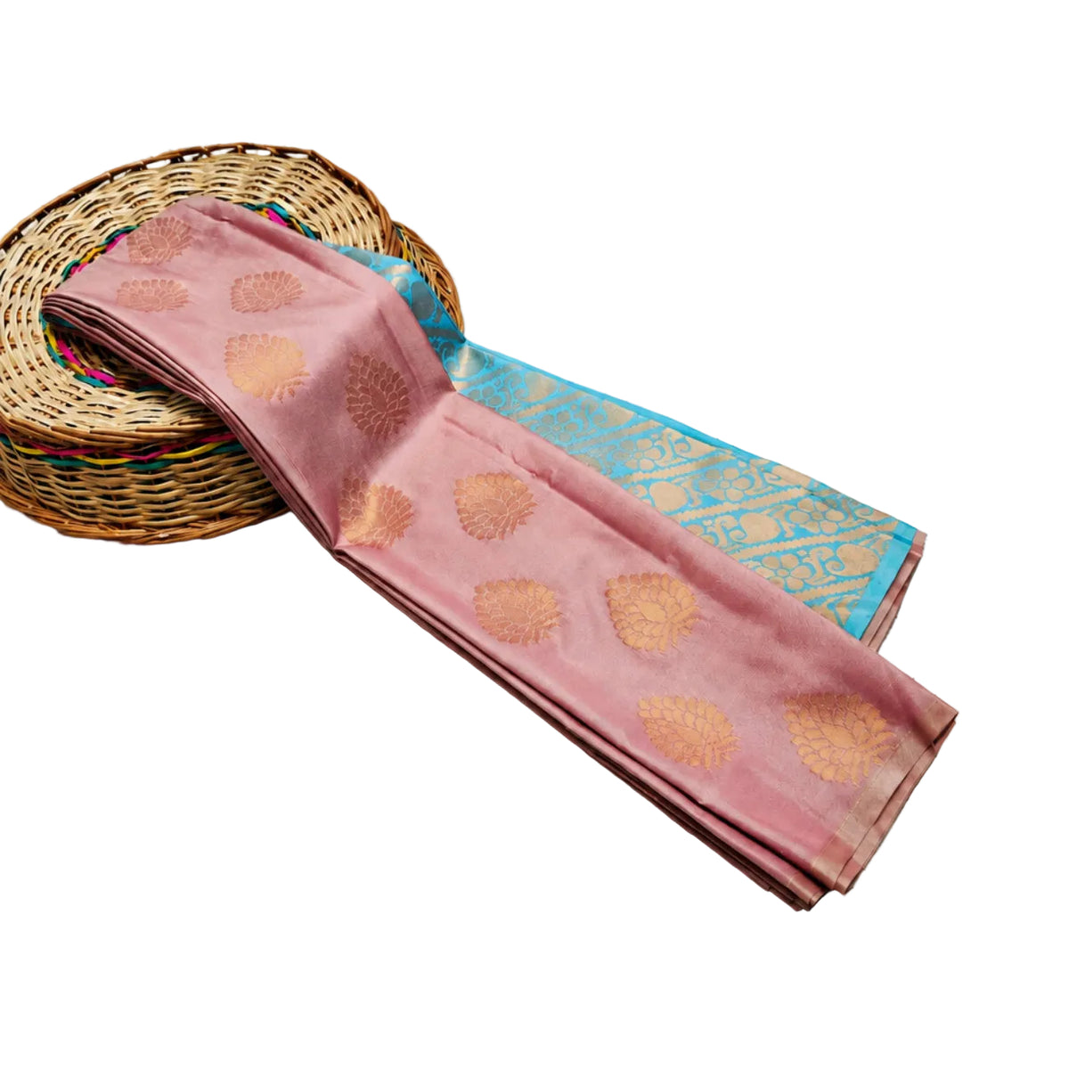 Pastel Pink with Sky Blue Zari Border Soft silk sree