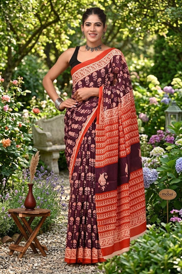 Maroon With Orange Printed Mulmul cotton saree