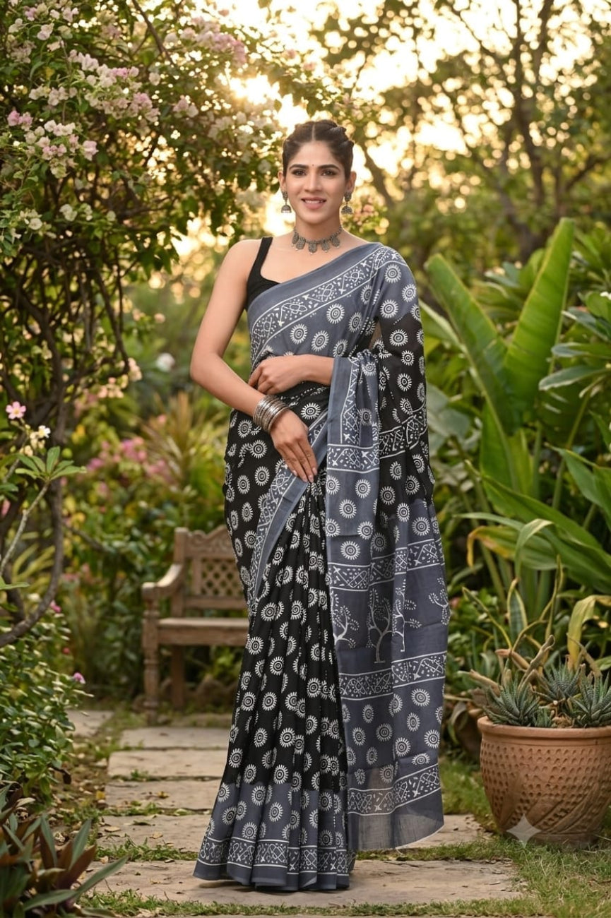 Black with White Printed Mulmul cotton saree