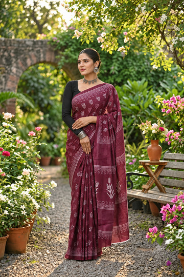 Wine Maroon Mulmul Cotton saree