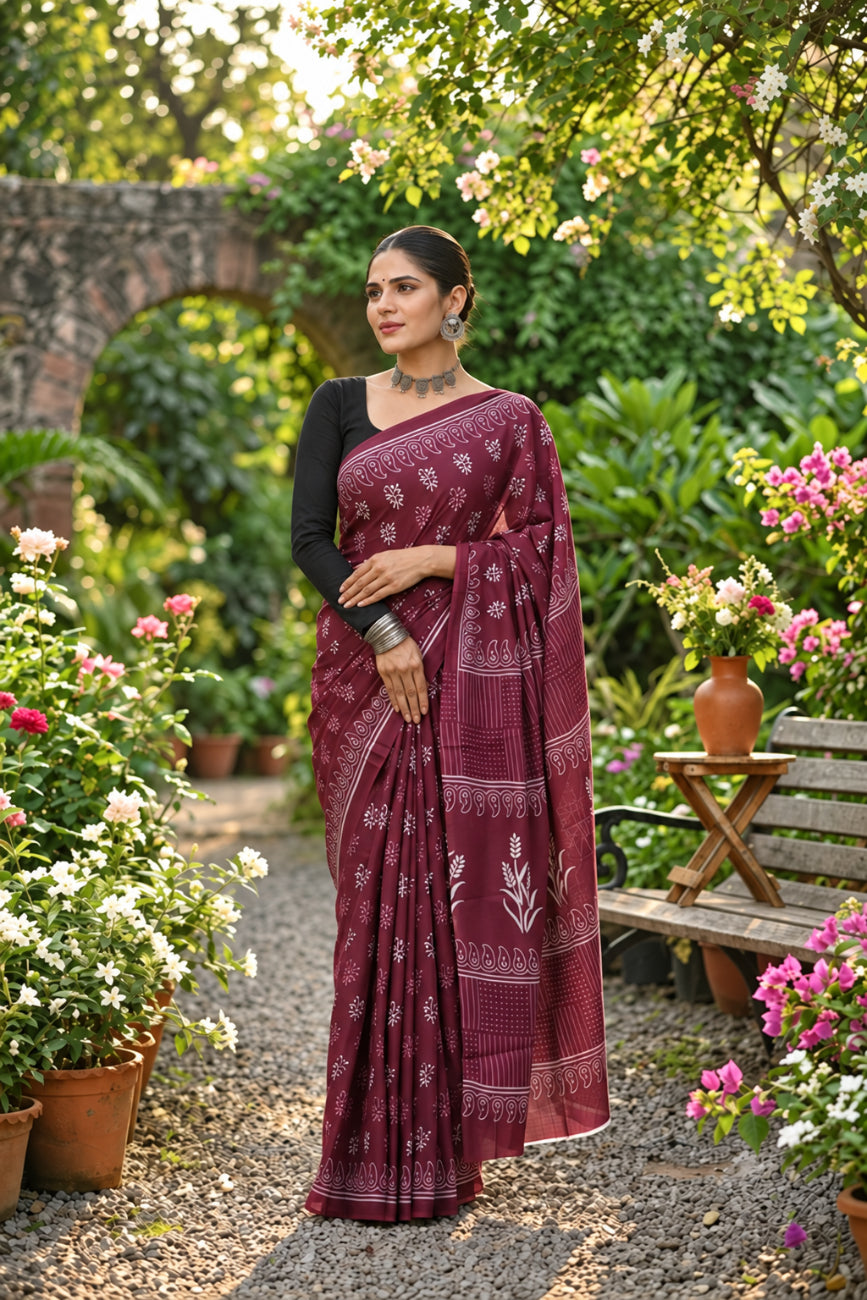 Wine Maroon Mulmul Cotton saree