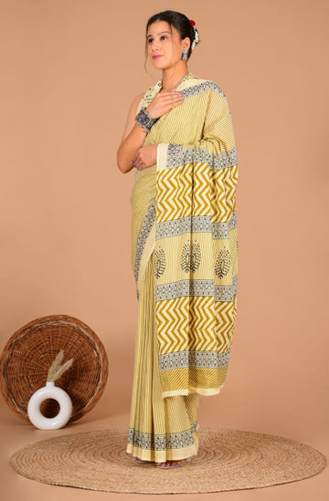 Mustard Yellow Printed mulmul cotton saree
