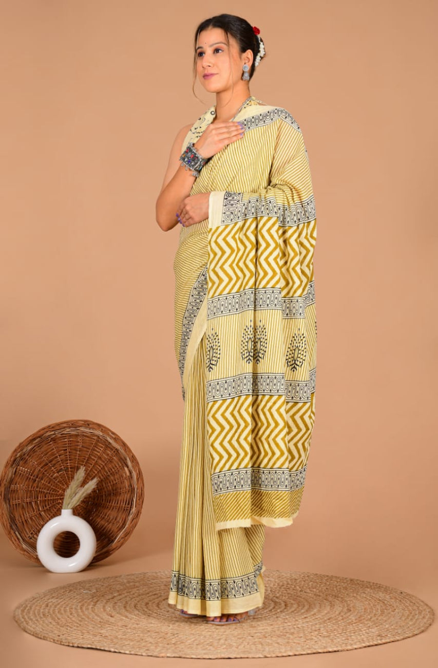 Mustard Yellow Printed mulmul cotton saree