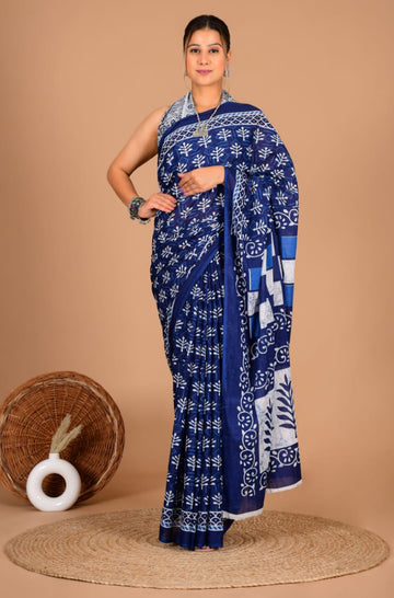 Navy Blue  With White Print Mulmul Cotton Saree