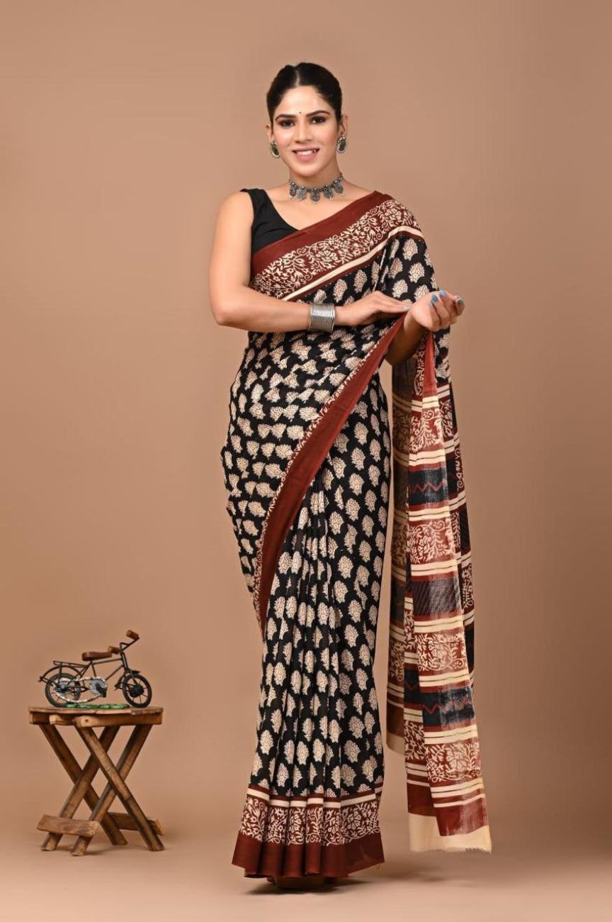 Blach With Maroon Border Mulmul Cotton Saree