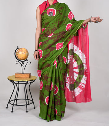 Green With Brown and Pink Mulmul Cotton Saree