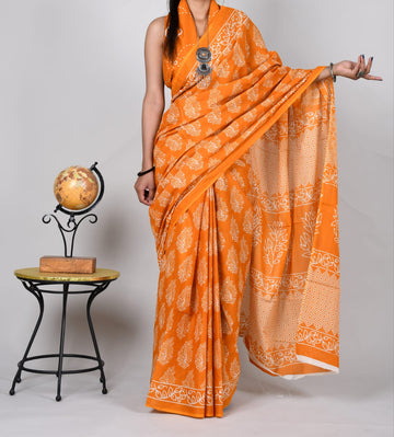 Orange With White Printed Mulmul Cotton Saree