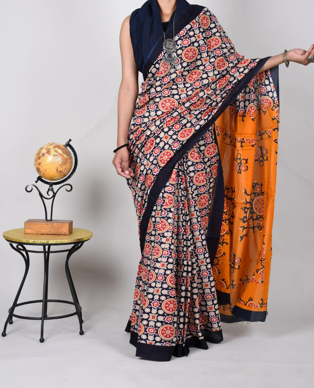 Neavy Blue with Orange Mulmul Cotton Saree