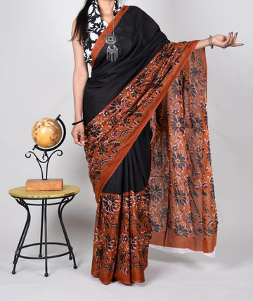 Black With Rust Brown  floral print Mulmul Cotton Saree