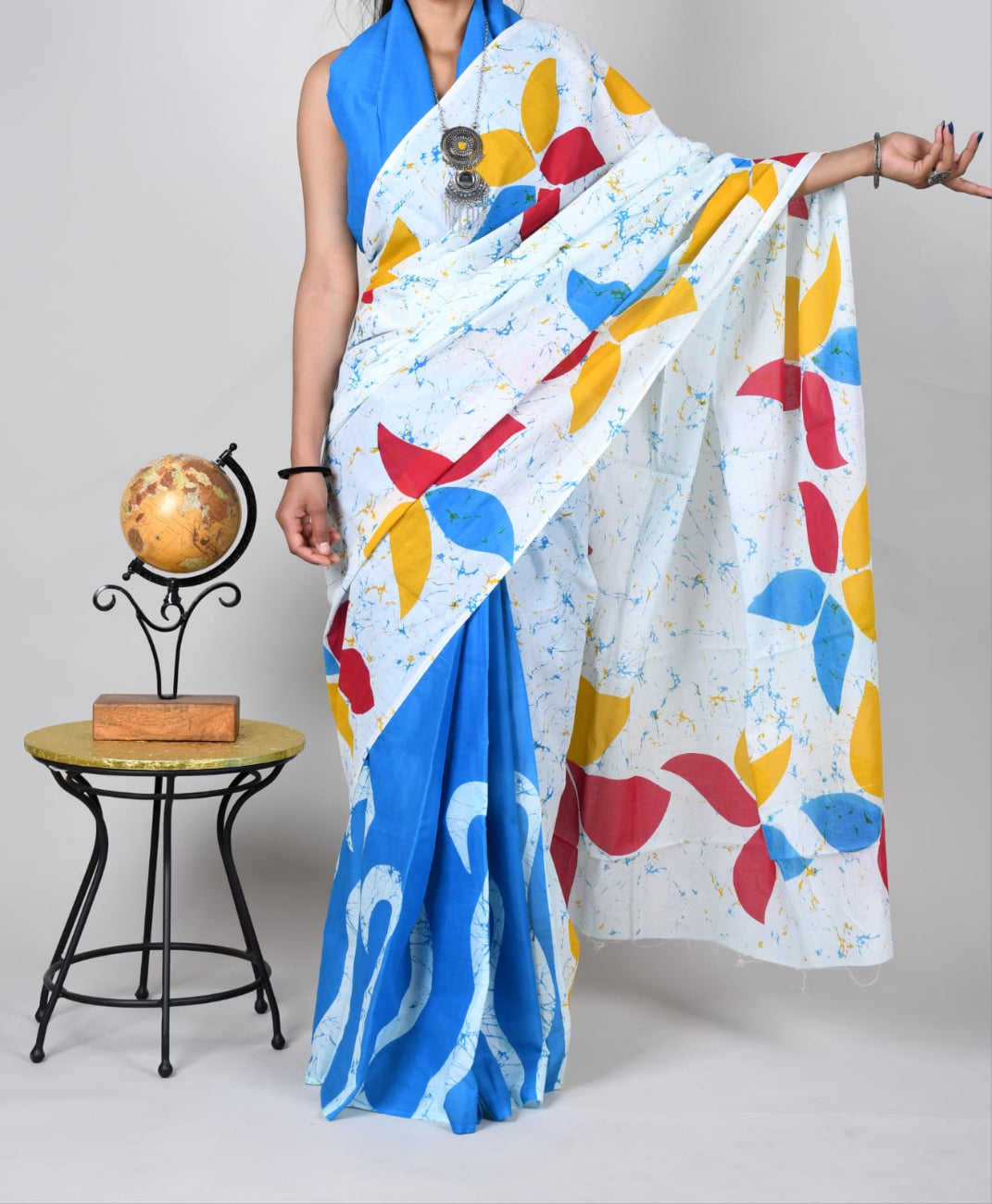 White with Blue Print Mulmul cotton saree