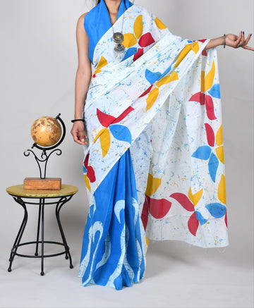 White with Blue Print Mulmul cotton saree