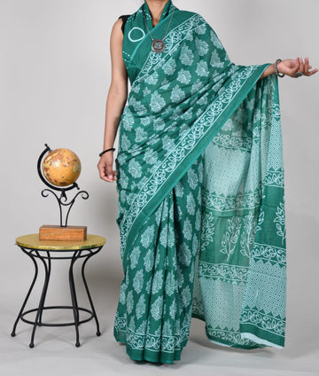 Teal Green With White mulmul cotton saree