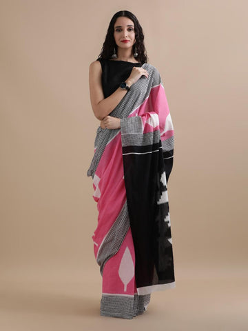 Pink and Black with White Printed Mulmul Cotton Saree