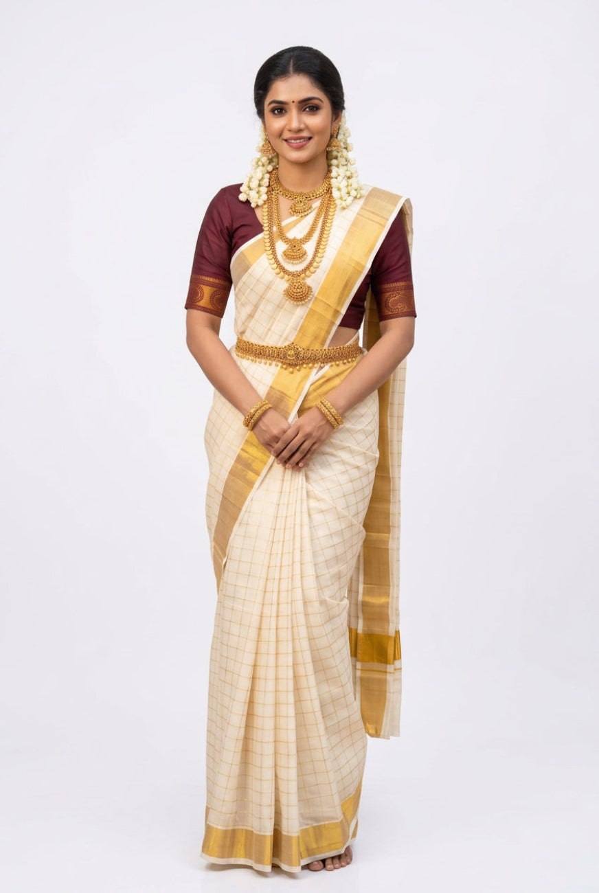 Off-White With Gold Kerala Kasavu Saree