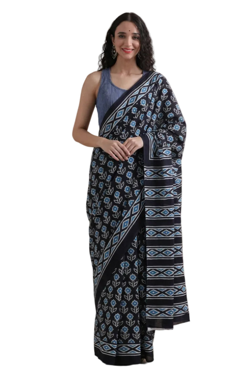 Black with Blue Floral Printed Mulmul Cotton Saree